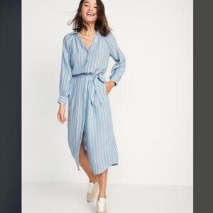 NWT OLD NAVY Chambray Stripe Belted Midi Shirt Dress Long Raglan Sleeves M